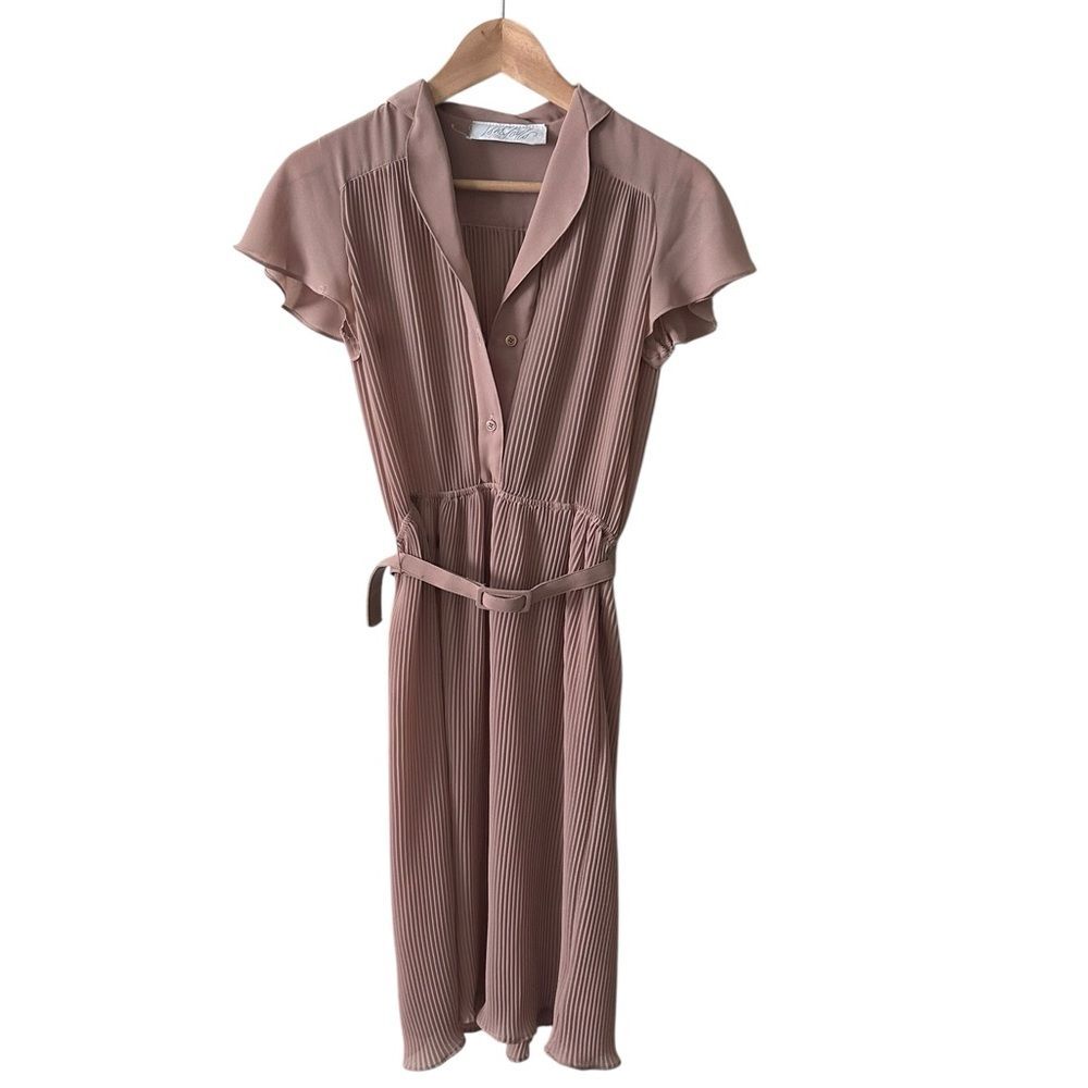 Vintage 70s Sheer Tan Micro Pleated Midi Flowy Belted Dress Size S Flouncy